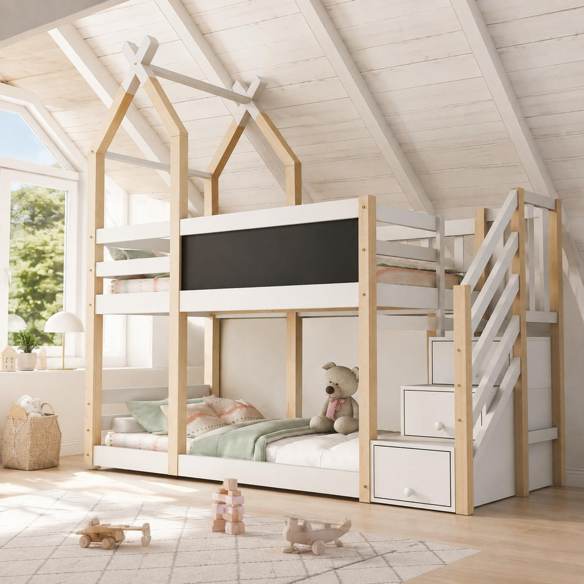 ETAGENBETT 90/200 cm in Weiß mit Baumhaus-Design und Stauraum - Weiß, Holzwerkstoff (90/200cm) - OKMYHOME