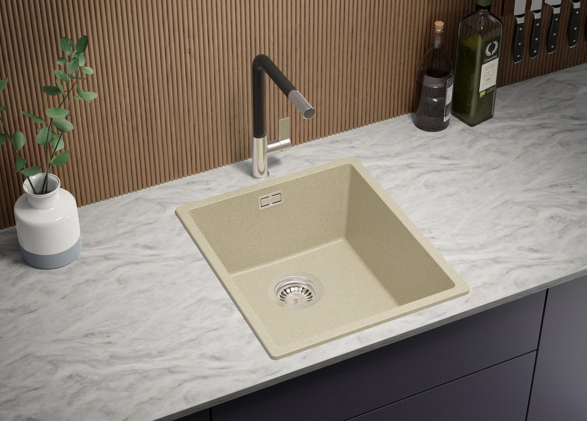 GRANITSPÜLE London Slim, 2-er set Beige 41/47 cm 1 Becken + Küchenarmatur 32/20 cm + Ablauf-Set ab 45er Unterschrank - Chromfarben/Beige, Kunststoff (41/20/47cm) - Primagran