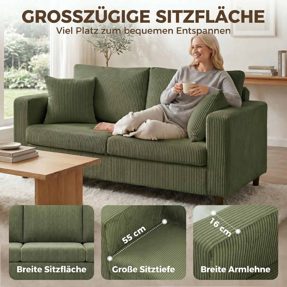 2-SITZER-SOFA Cord 100 Polyester Kautschukholz Grün - Naturfarben/Grün, Holz/Textil (80/82/170cm) - HOMCOM