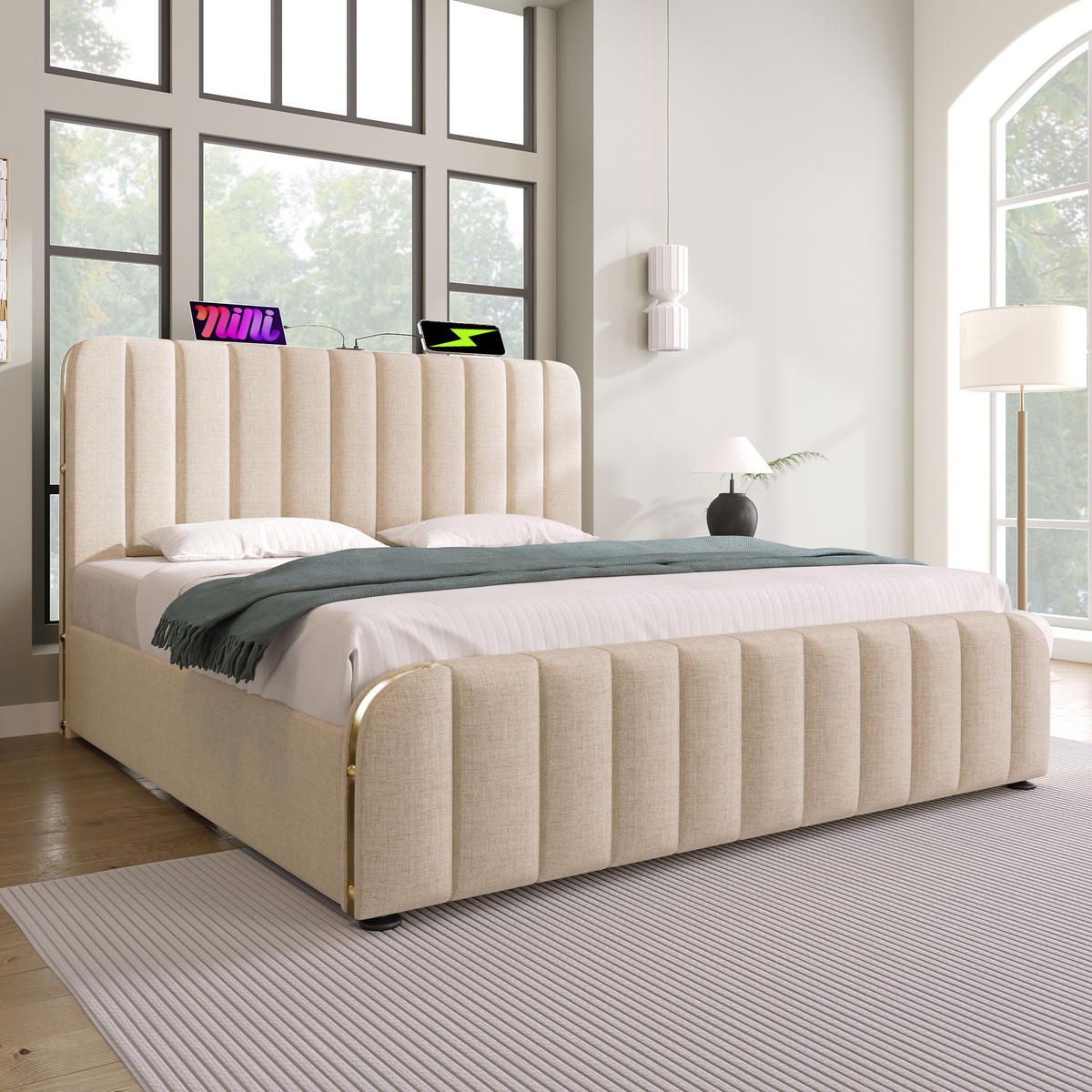 POLSTERBETT mit 4 Schubladen 140x190 cm Leinen Beige USB/Type-C - Beige, Metall (140/190cm) - Meubliv
