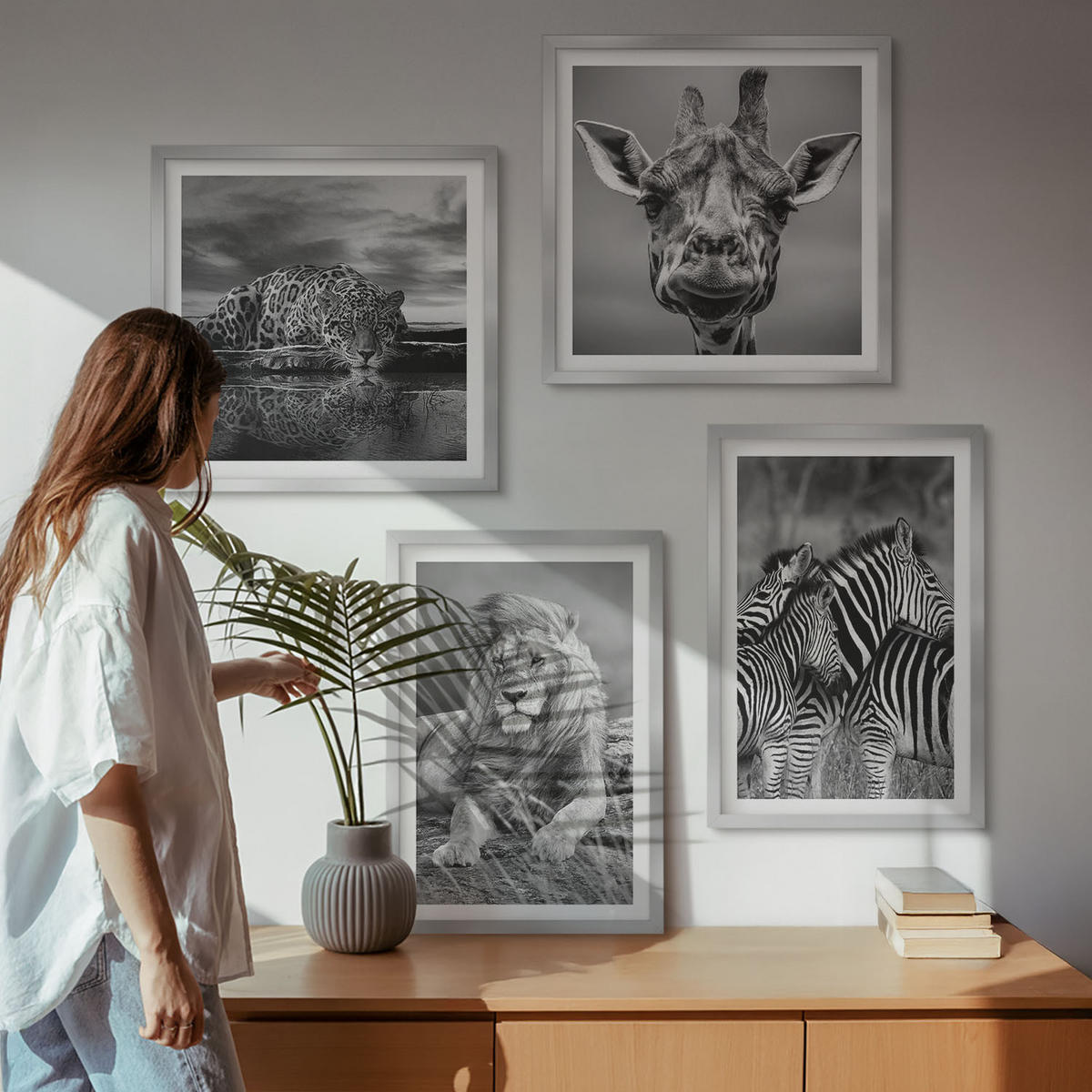 BILDER SET 4er Set - 50x50 cm & 40x60 cm Silberner Rahmen - Wildtiere Löwe Jaguar Giraffe Zebras - Silberfarben, Kunststoff (50/50cm) - TULUP
