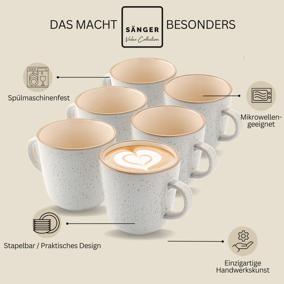 KAFFEEBECHER SET RIO CREME - 6 teilig aus Steingut - Creme, Stein (0.43L) - Sänger