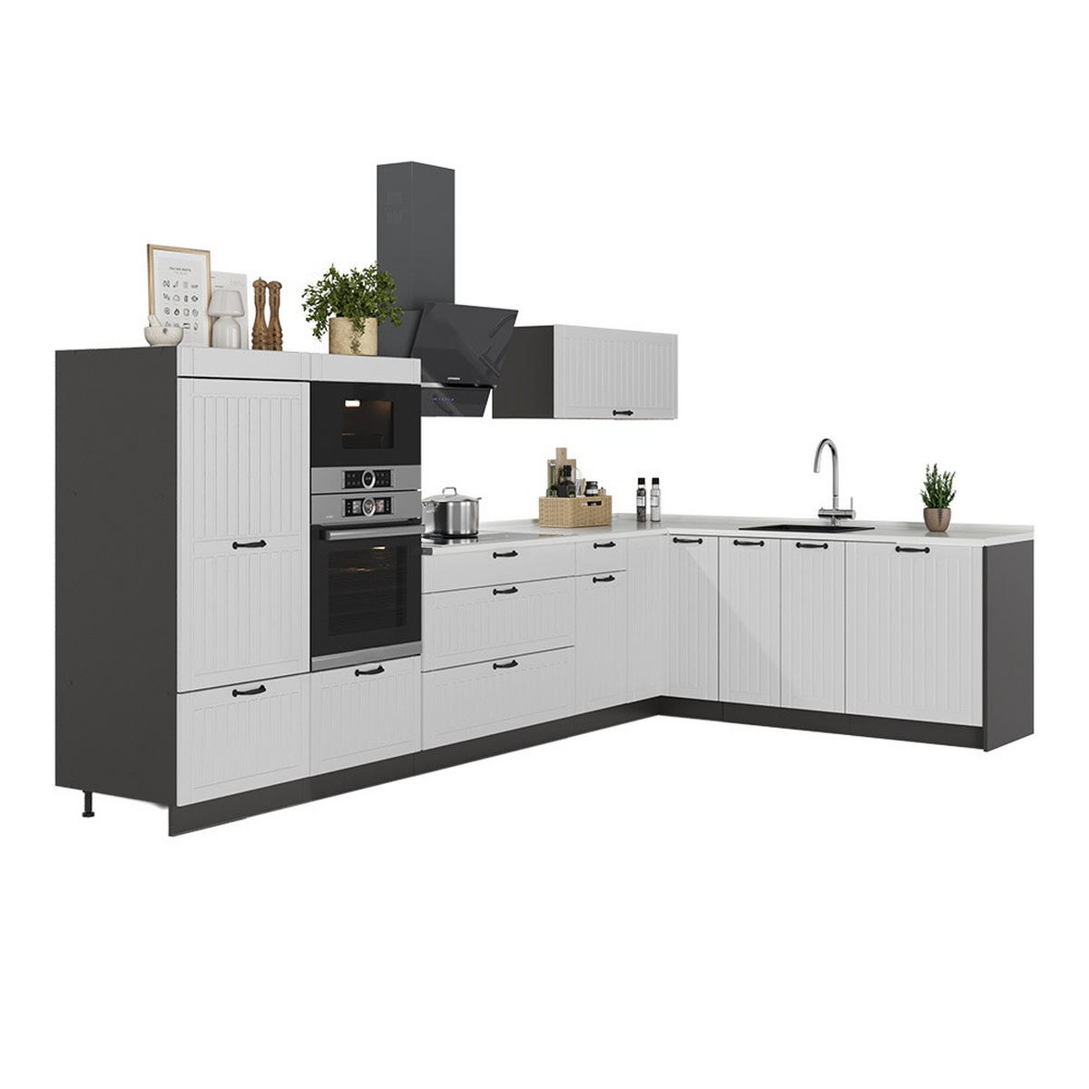 KUHINJA U OBLIKU SLOVA L Fame-Line, Bijela Seoska/Antracit, 347 x 207 cm, RP Mramor - bijela/antracit, drvni materijal (347/153.6/60cm) - Vicco