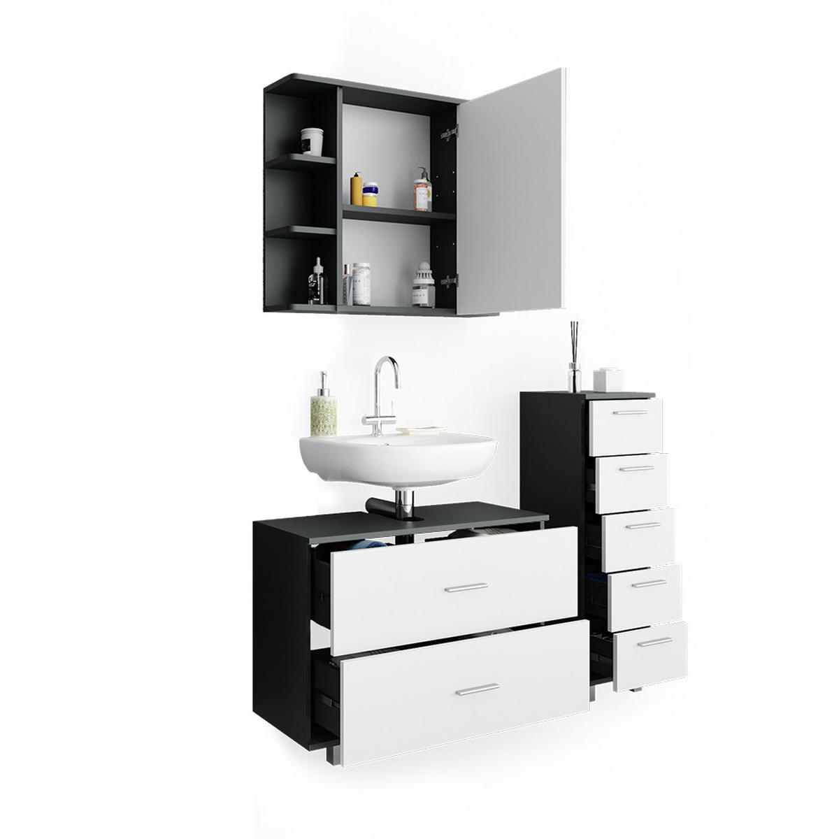 BADMÖBEL-SET Ilias Weiß/Anthrazit 3 Teile, mit Unterschrank 80 cm - Anthrazit/Weiß, Holzwerkstoff (80/60/33cm) - Vicco