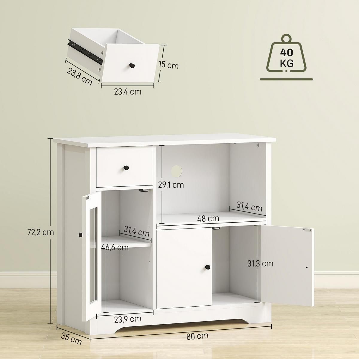 KÜCHENSCHRANK Sideboard mit Mikrowellenregal, 3 Türen, Schublade, Weiß - Weiß, Holzwerkstoff (35/72.2/80cm) - HOMCOM