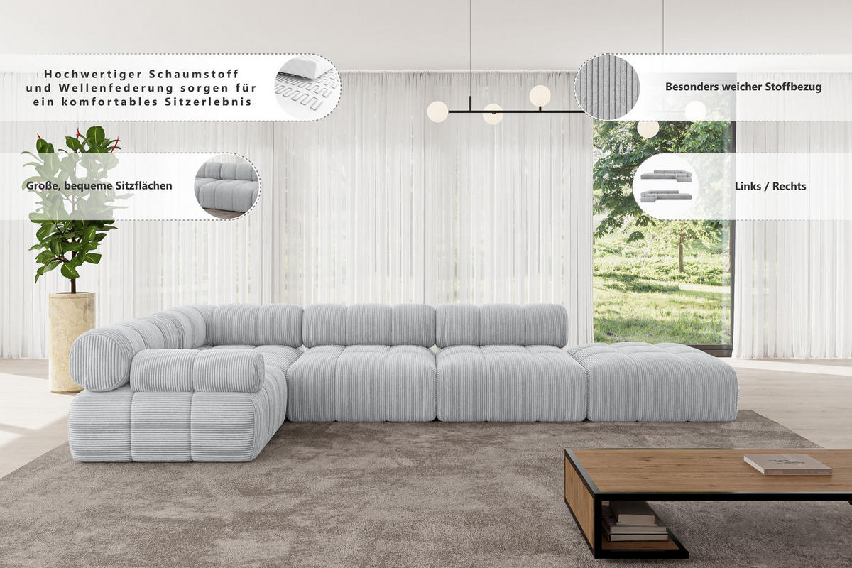 ECKSOFA modulares Sofa Felto-L2 - 380x190x70 cm Dunkelgrau Cord - Dunkelgrau, Holzwerkstoff/Textil (380/190cm) - ALTDECOR