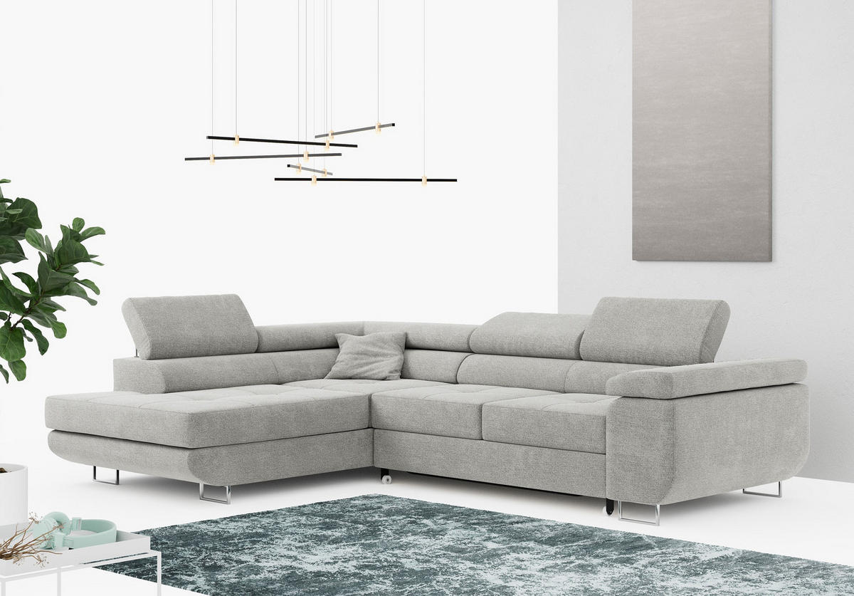 ROHOVÁ SEDAČKA GUSTAW L - Světle šedá Strukturovaná látka - Levá Strana - stříbrná/světle šedá, kov/textil (275/205cm) - MKS