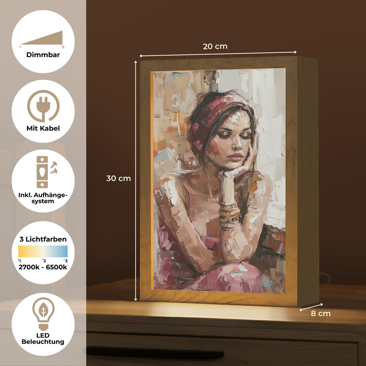NÁSTĚNNÁ LAMPA Žena - vzhled malby - portrét - moderní 20x30 cm - hnědá, kompozitní dřevo (20/30/8cm) - OnlyWow