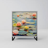 SIDEBOARD BLOOMING WATERS, Grau, 57,5x42x67,5 cm, Schwarze Metall-Rahmenfüße - Multicolor/Schwarz, Holzwerkstoff/Metall (57.5/67.5/42cm) - SpaceRebels
