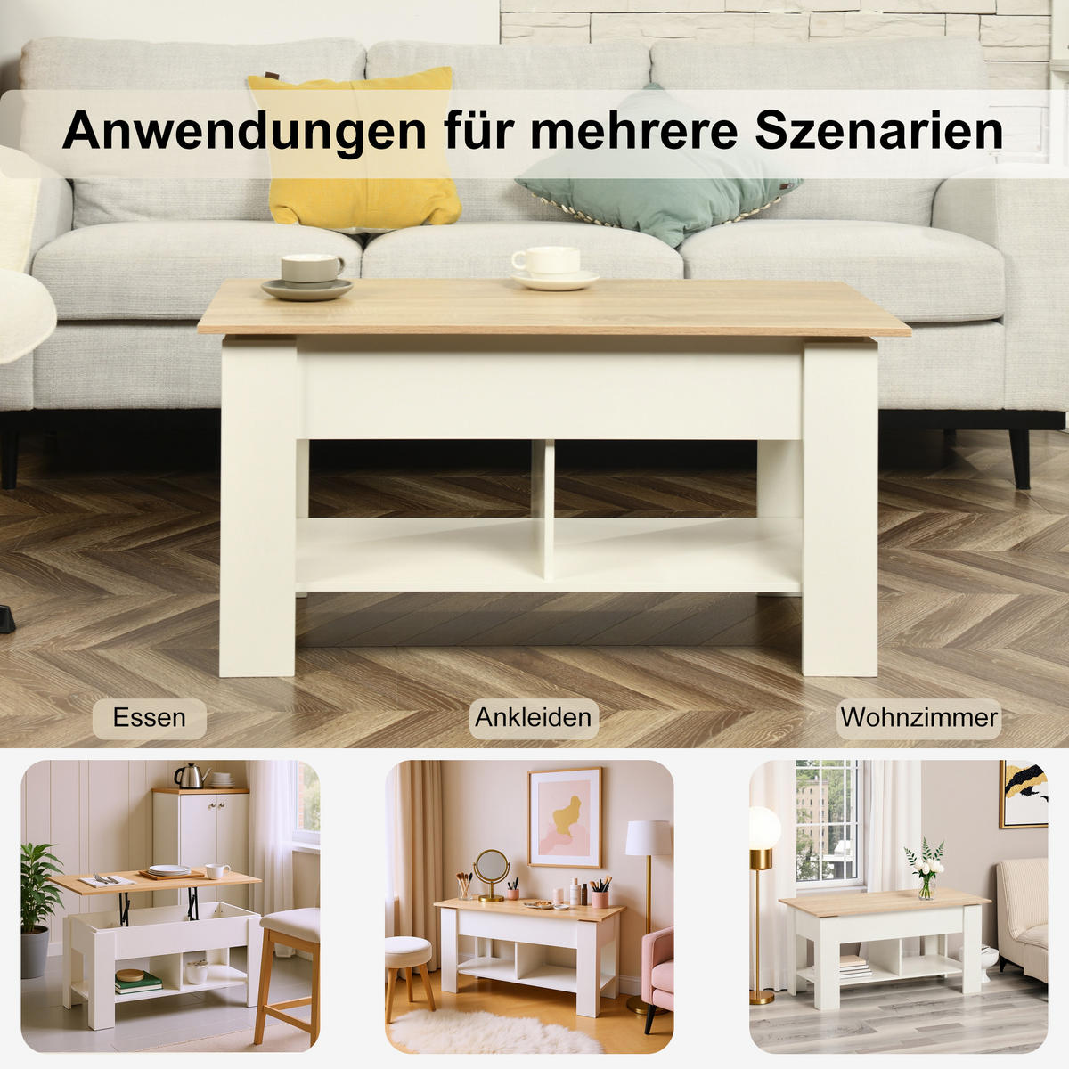 COUCHTISCH mit Lift-Top, Stauraum und Ablagefach, Weiß/Eiche - Weiß, Holz (96/50/47cm) - Urban Meuble