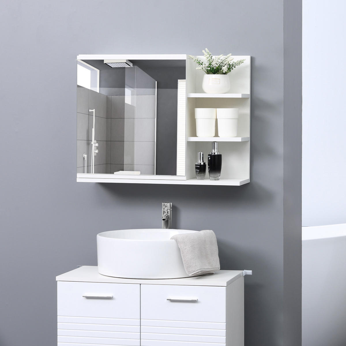 SPIEGELSCHRANK mit Tür und 3 seitlichen Holzablagen, 60 x 18 x 50 cm ,Weiß - Weiß, Glas (60/50/18cm) - Vallsero