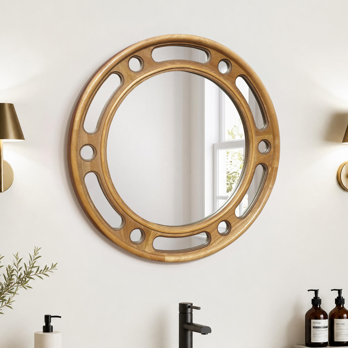 RUNDER Gummiholz Spiegel Natur Ø60×H60cm für Flur Bad Wohnzimmer - Erlefarben, Naturmaterialien (3.5/60/60cm) - Hometopia