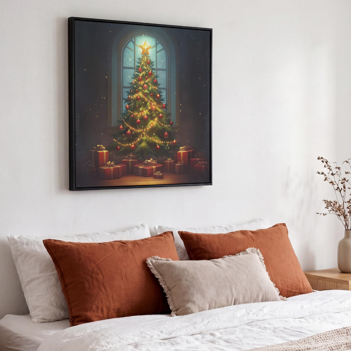 LEINWAND Bilder mit Rahmen - Weihnachtsbaum - Geschenk - Winter - 50x50 - Grün, Textil (50/50cm) - MuchoWow
