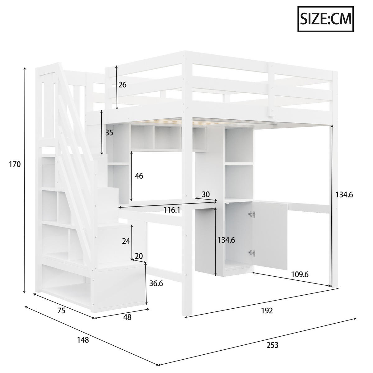 HOCHBETT 140/200 cm in Weiß mit Treppe, Schreibtisch, Regalen, Schränken, LED und Steckdosen aus Holz - Weiß, Holzwerkstoff - STILVORA