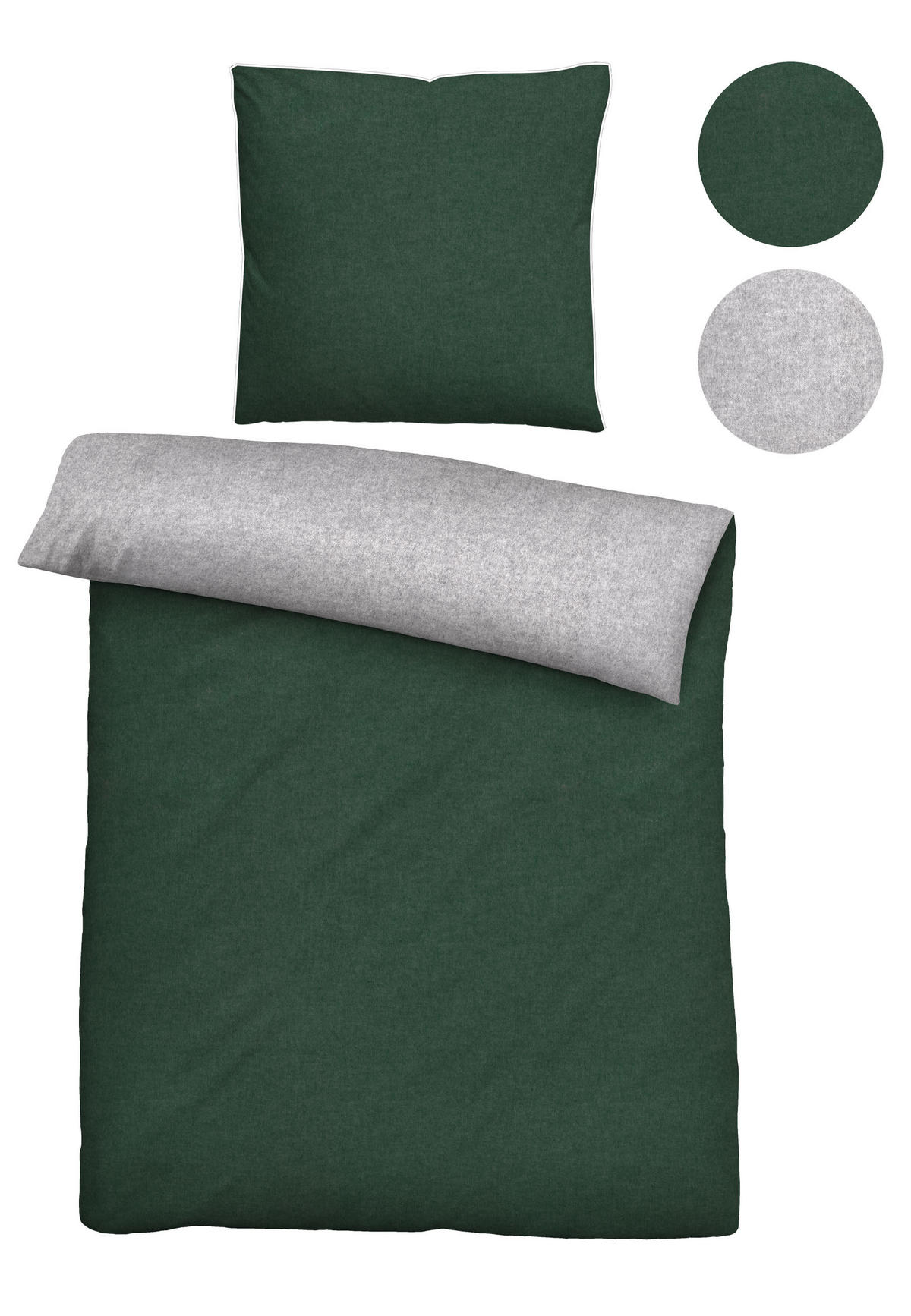 BETTWÄSCHE-GARNITUR Biber Melange UNI dunkelgrün, 135x200 cm + 80x80 cm - Dunkelgrün, Textil (135/200cm) - biberna