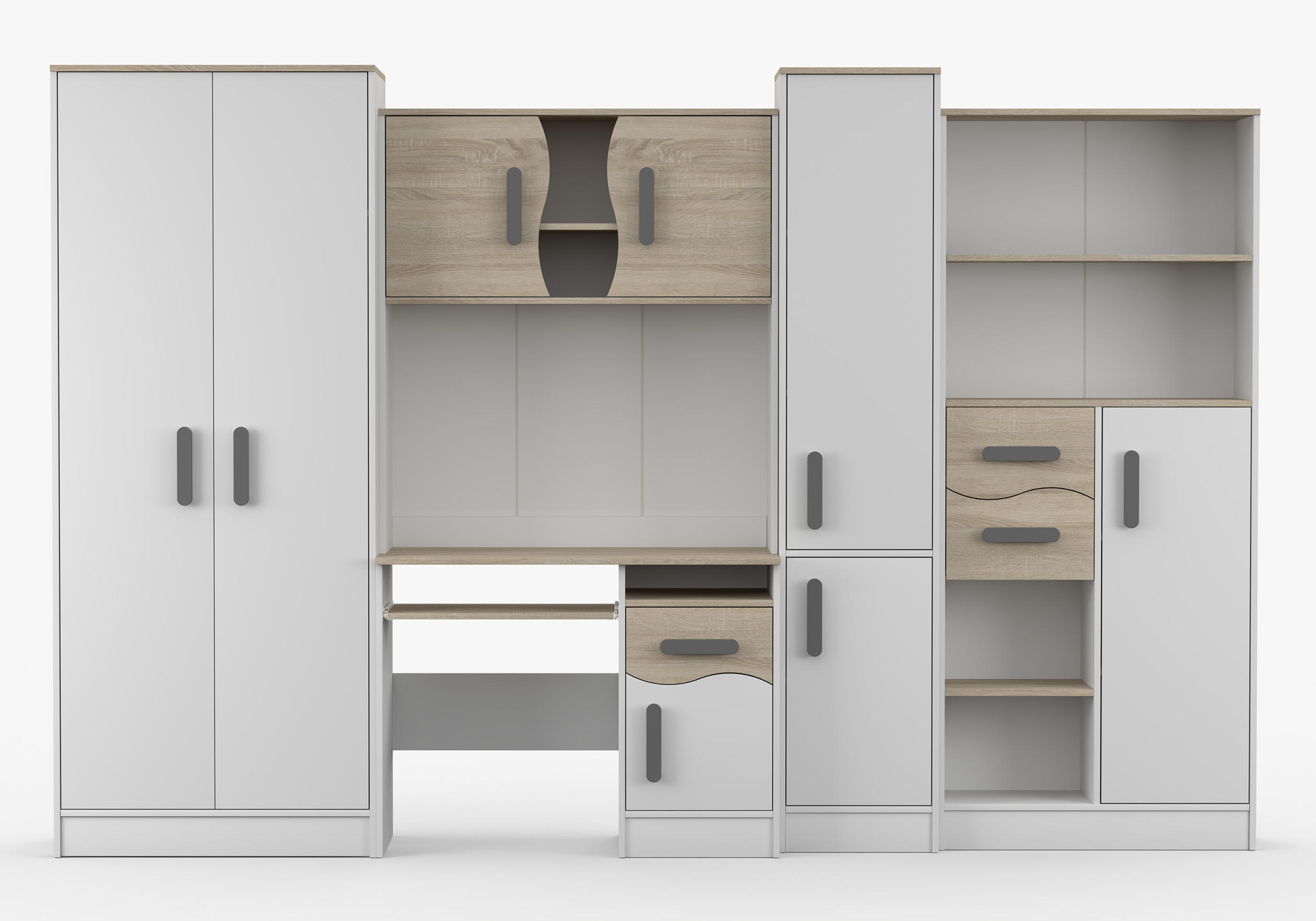 JUGENDZIMMER Wohnwand Colorino in Weiß und Eiche Sonoma – mit grauen Griffen 5 teilig - Kinderzimmer Komplett - Weiß, Holzwerkstoff (80/200/120cm)