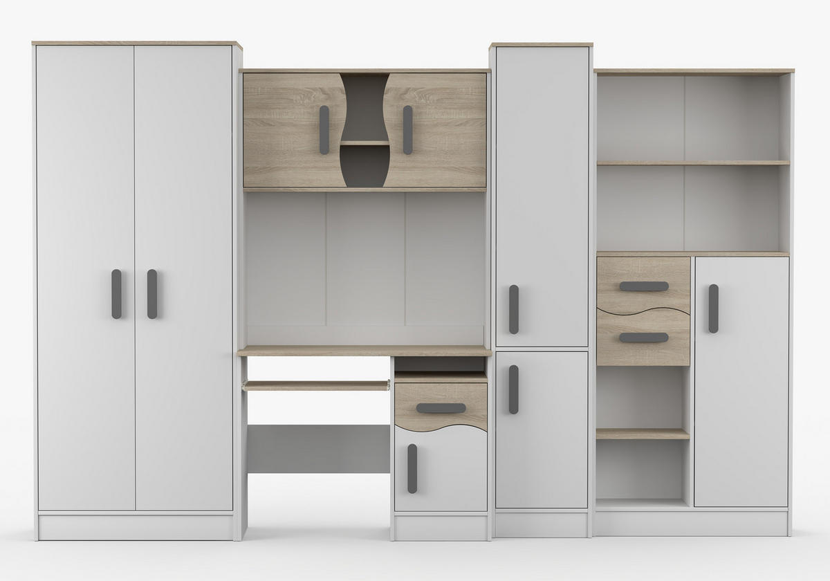 JUGENDZIMMER Wohnwand Colorino in Weiß und Eiche Sonoma – mit grauen Griffen 5 teilig - Kinderzimmer Komplett - Weiß, Holzwerkstoff (80/200/120cm)