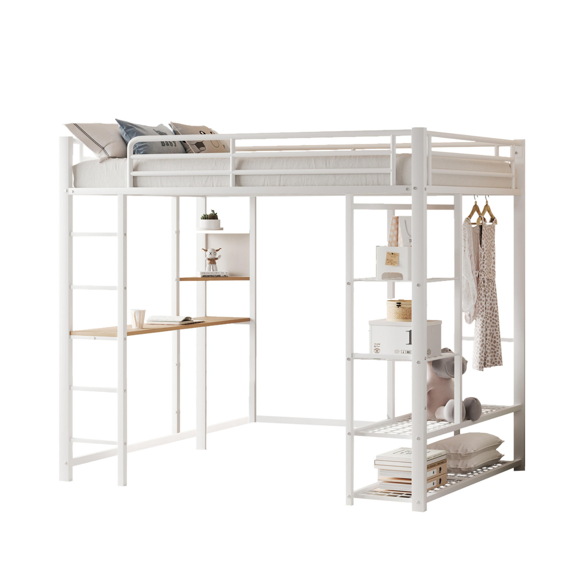 HOCHBETT 90/200 cm in Weiß mit Schreibtisch, Regal und Kleiderstange - Weiß, Metall (90/200cm) - Flora Grace