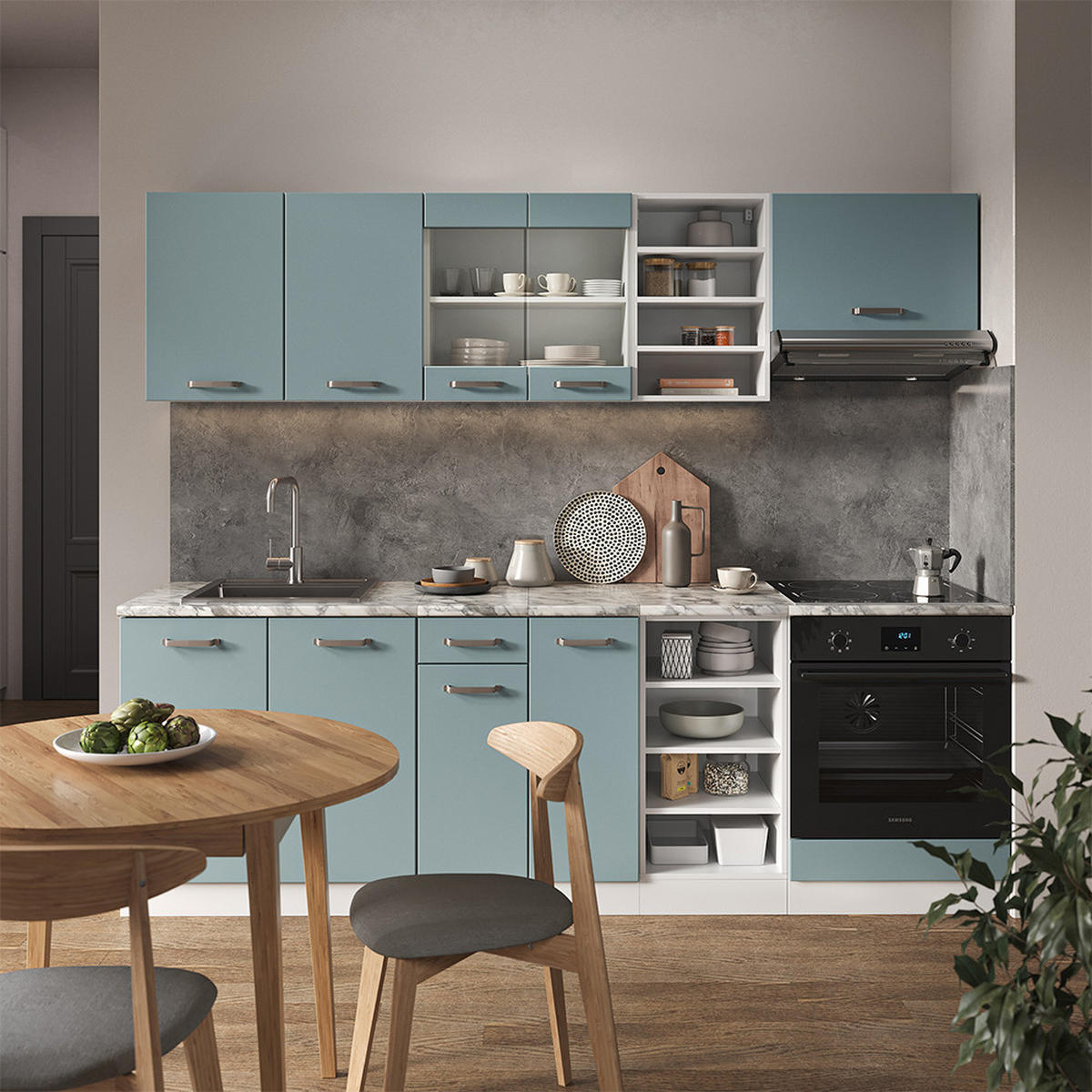 KÜCHENZEILE R-Line Blau-Grau/Weiß 240 cm ohne AP - Blaugrau/Weiß, Holzwerkstoff (240/81.6/46cm) - Vicco