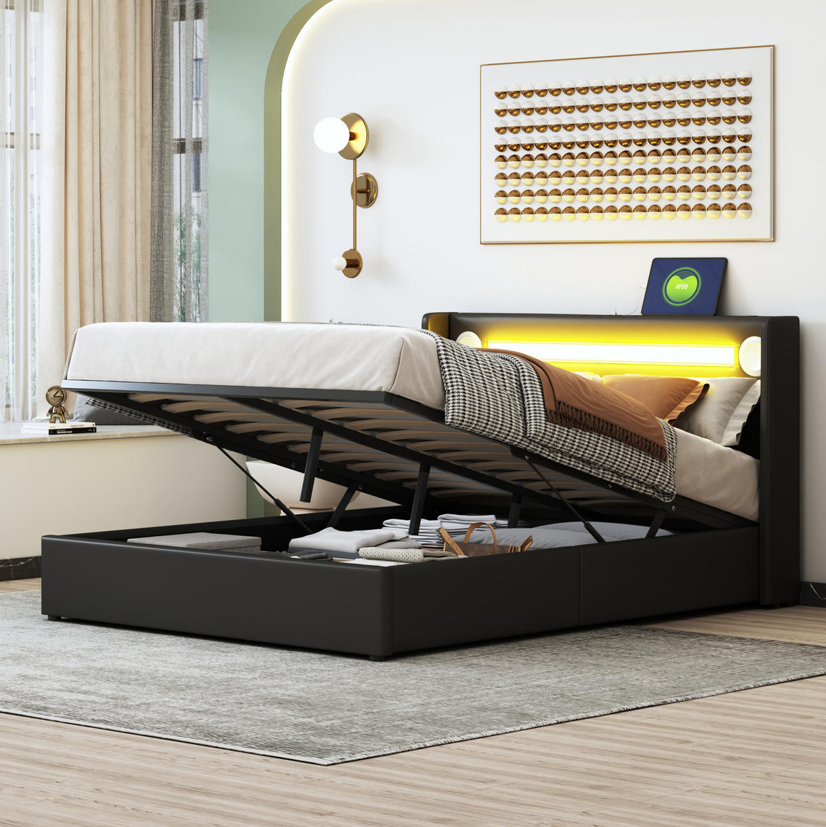 POLSTERBETT mit LED-Beleuchtung 140/200 cm mit Bettkasten und USB in Schwarz - Schwarz, Kunststoff (140/200cm) - BEAOK