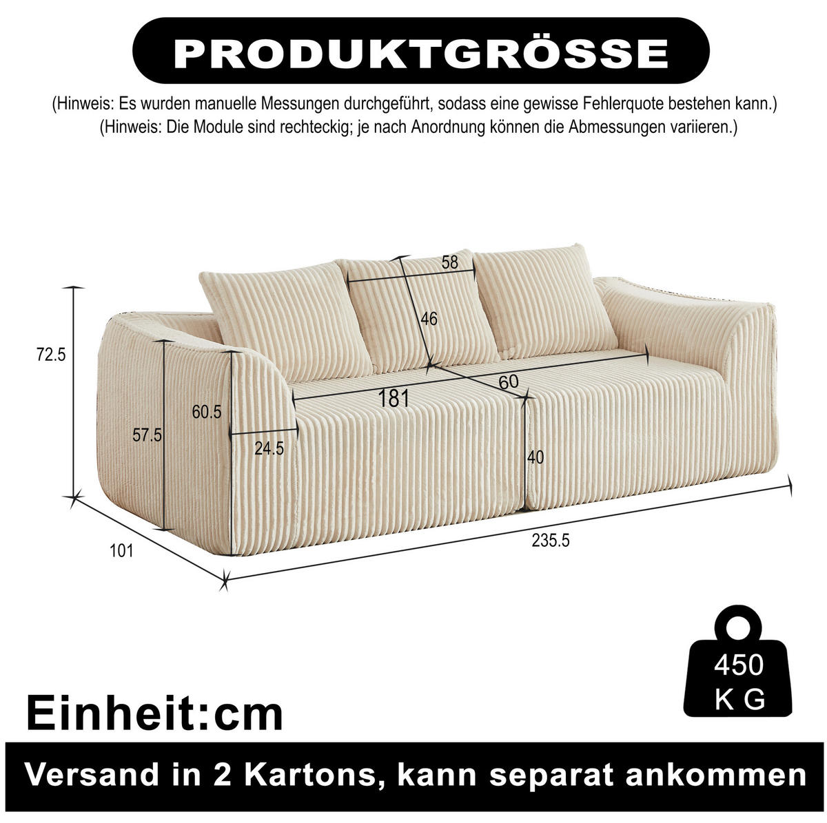 SOFA modular Cord Beige 2er-Set - Beige, Kunststoff (101/72.5/235.5cm) - Meubliv