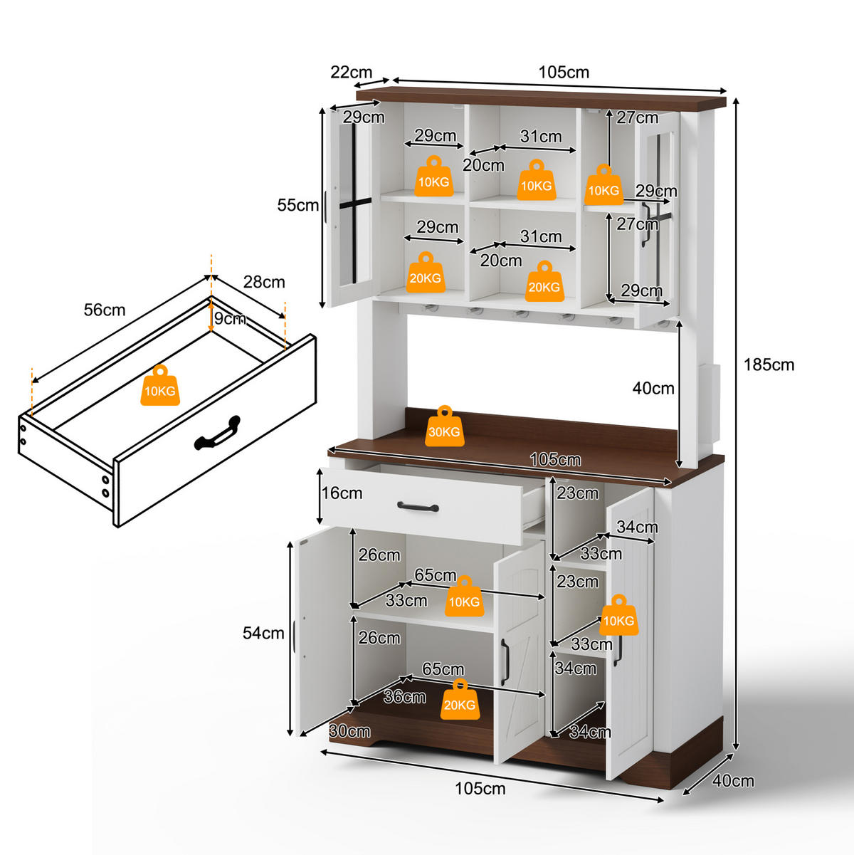 BUFFETSCHRANK 105/40/185 cm aus MDF mit LED-Beleuchtung, Steckdosenmodul und verstellbaren Einlegeböden, Natur/Weiß - Naturfarben, Holzwerkstoff (105/185/40cm) - Redom