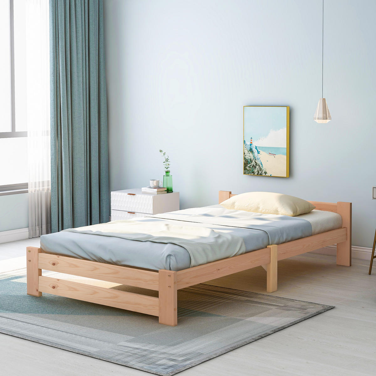 BETT 90/200 cm Natur aus Kiefer mit Kopfteil und Lattenrost - Naturfarben, Holz (90/200cm) - OKWISH