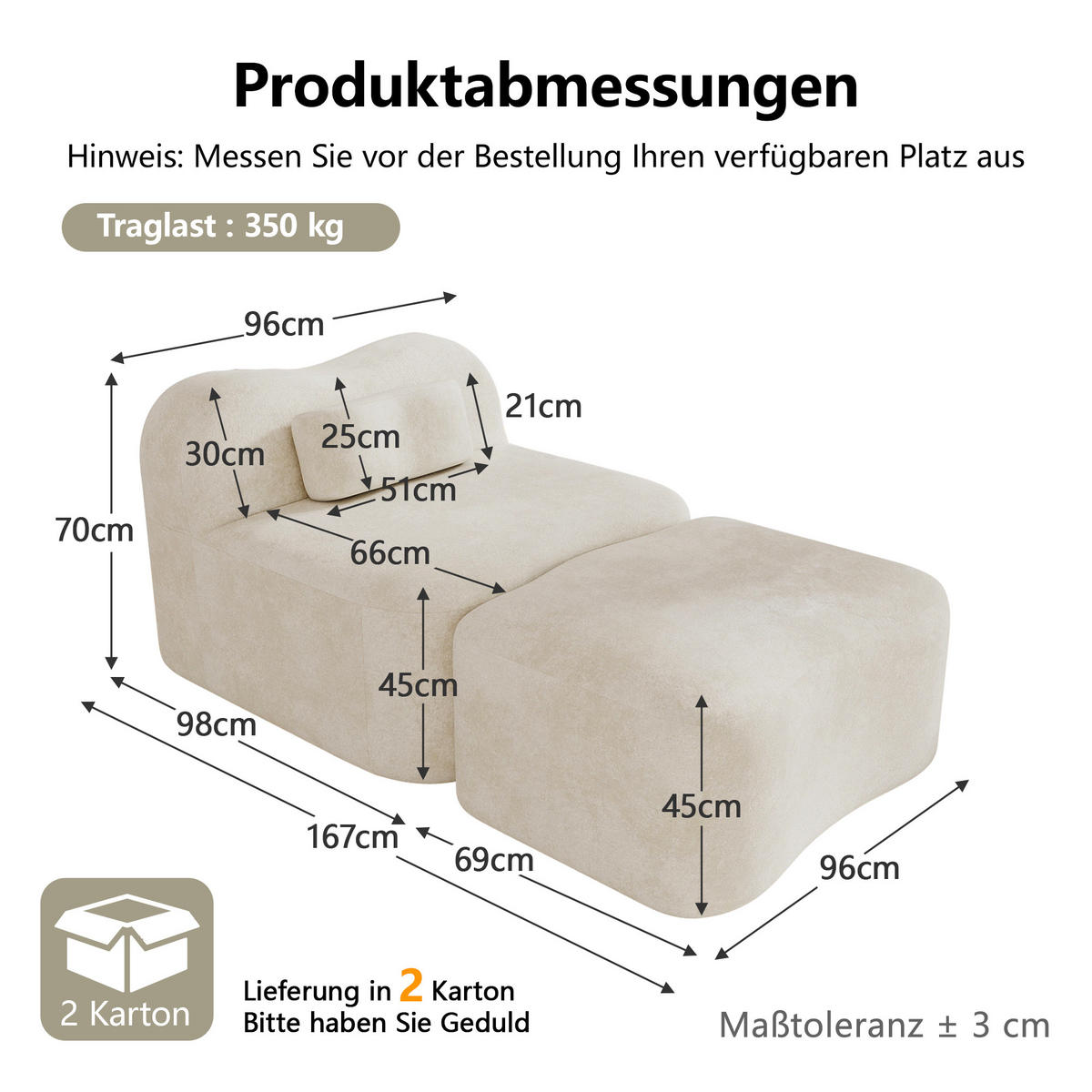 XXL-SESSEL Modular rahmenlos mit Ottoman, DE-42655, Beige - Beige, Textil (96/70/167cm) - ComfortXL