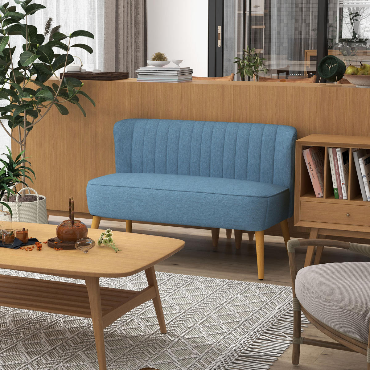 SOFA 2-Sitzer Couch Stoffsofa Sitzmöbel Polstersofa Loungesofa breit Blau - Blau/Naturfarben, Holz/Textil (56.5/77/117cm) - HOMCOM