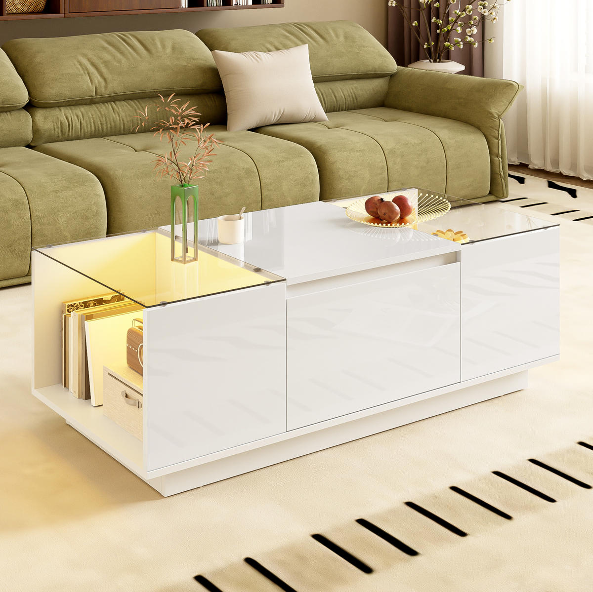 COUCHTISCH 105/50/35 cm weiß aus Spanplatte mit LED-Beleuchtung und Stauraum - Weiß, Holzwerkstoff (105/50/35cm) - OKMYHOME