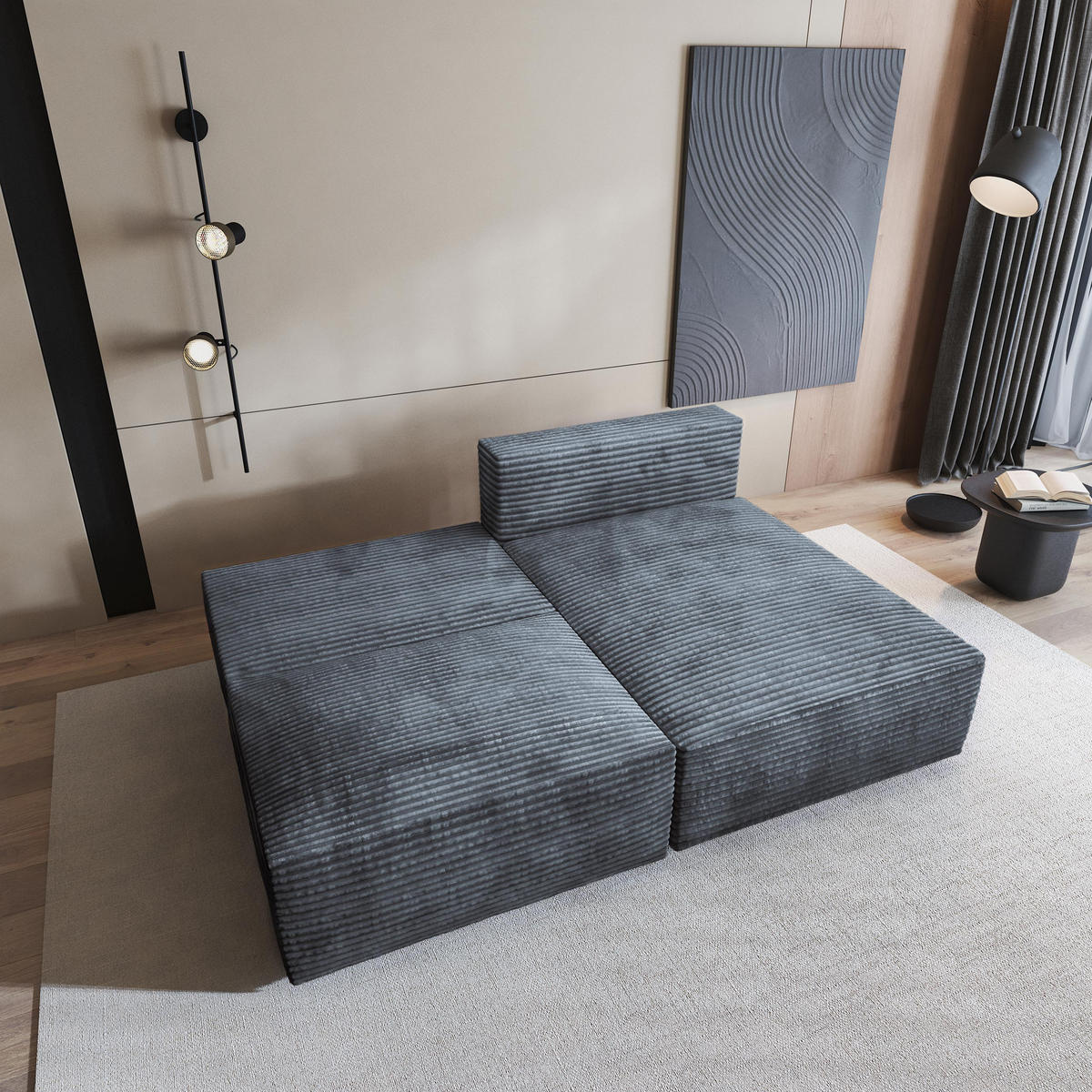 ECKSOFA FIORO Grau Kordstoff mit Schlaffunktion - Grau, Holz (204/148cm) - MASSENO