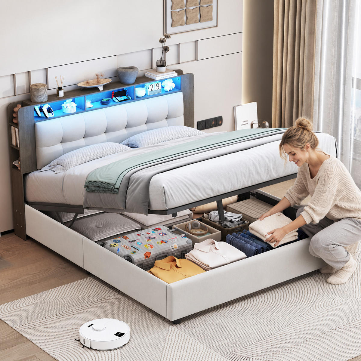 POLSTERBETT 140/200 cm mit Stauraum‑Kopfteil, RGB‑LED‑Beleuchtung & USB‑Anschluss, modernes Stoffbett - Beige, Holz/Metall (140/200cm) - Joyfair