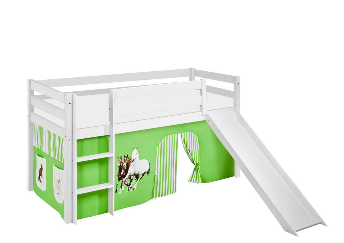SPIELBETT JELLE Pferde Grün Beige - Hochbett - mit Rutsche und Vorhang - Weiß, Holz - Lilokids