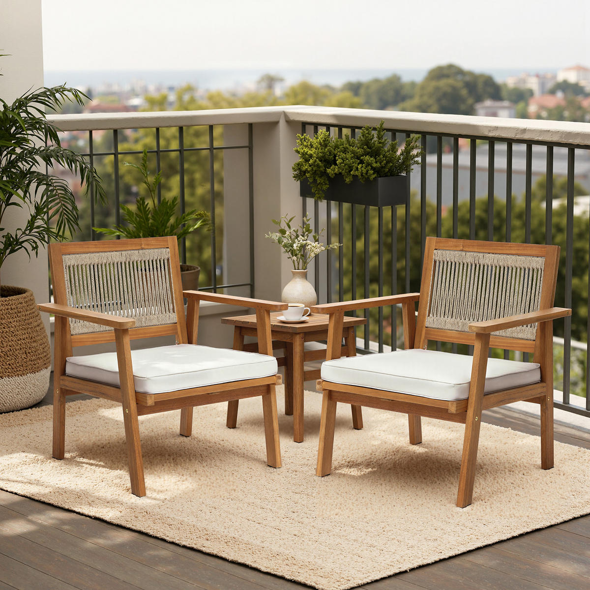 75CM Outdoor-Armlehnstühle aus Akazienholz mit Seilrückenlehne und Kissen, 2er-Set - Akaziefarben, Holz (64/74.5/64cm) - Hometopia