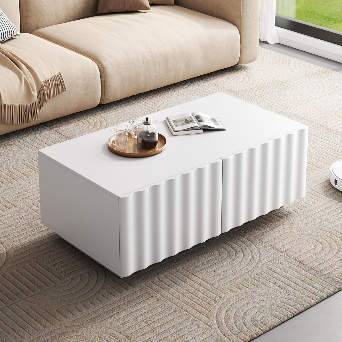 COUCHTISCH Wellenmuster 2 Schubladen modern Stauraum - Weiß, Holzwerkstoff (100/50/40cm) - FLIEKS