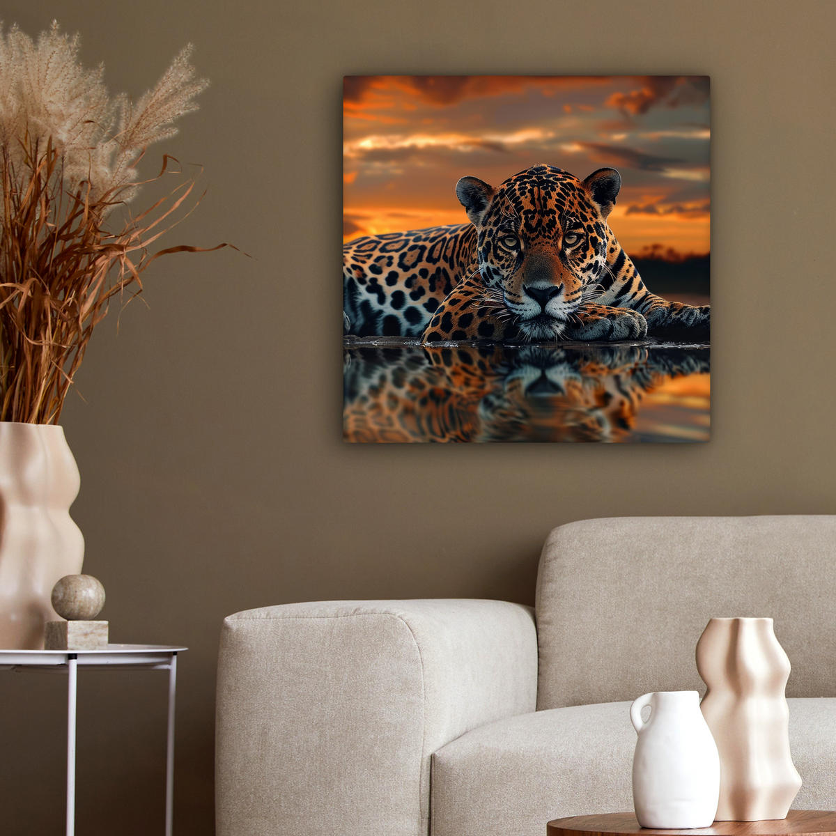 LEINWANDBILD Natur - Leopard - Tier - Sonnenuntergang - Modern 50x50 cm - Orange, Textil (50/50cm) - MuchoWow