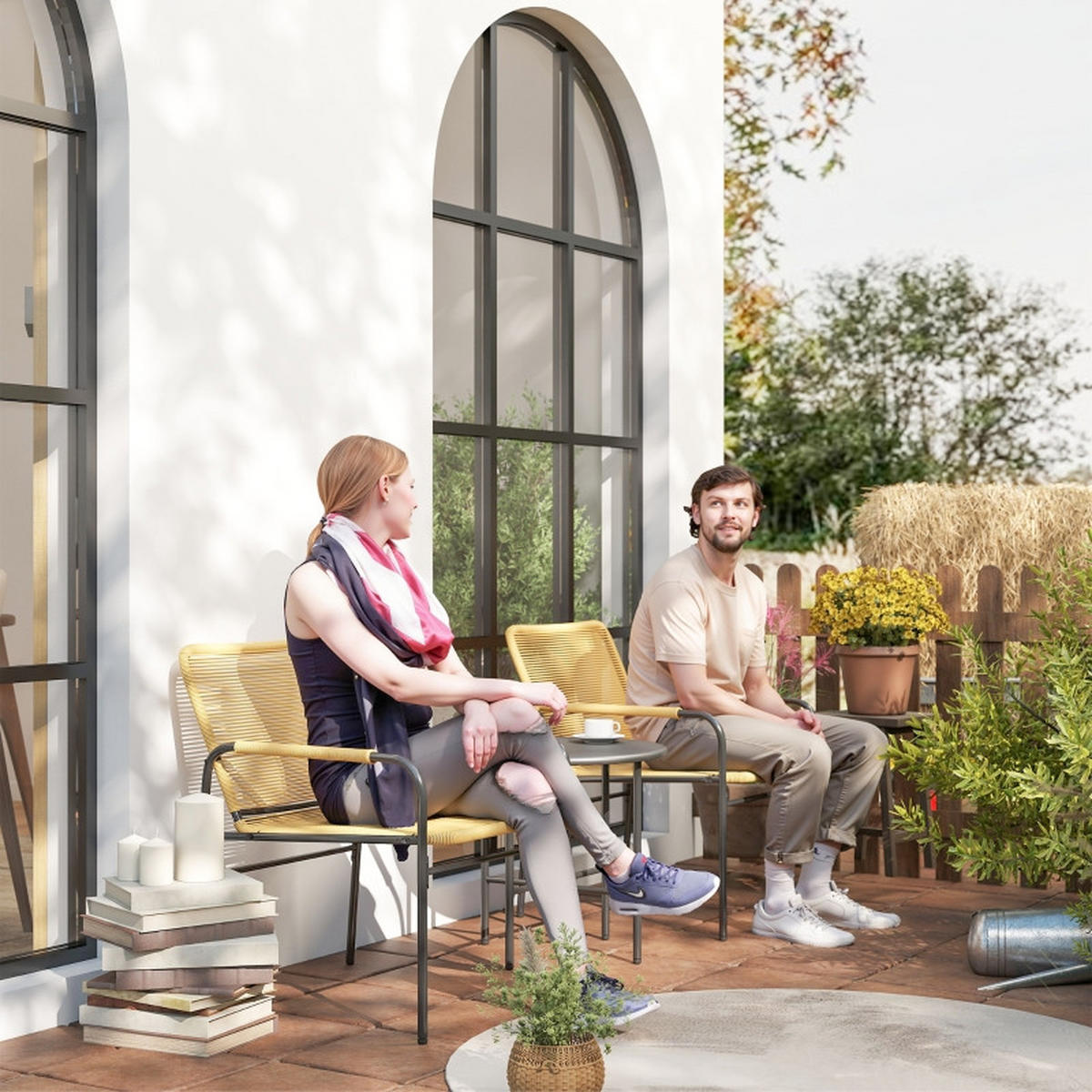 BALKONSET 3-teilig,50×50×48cm Rattan Tisch rostfrei - Gelb, Metall - Modfu