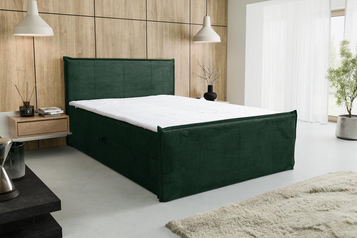 BOXBETT Vanessa mit 2 Bettkästen, 140x200, Farbe: Grün, Cordstoff, mit Bonell-Matratze inkl. Topper - Grün, Holz/Kunststoff (140/200cm) - VENASI MÖBEL