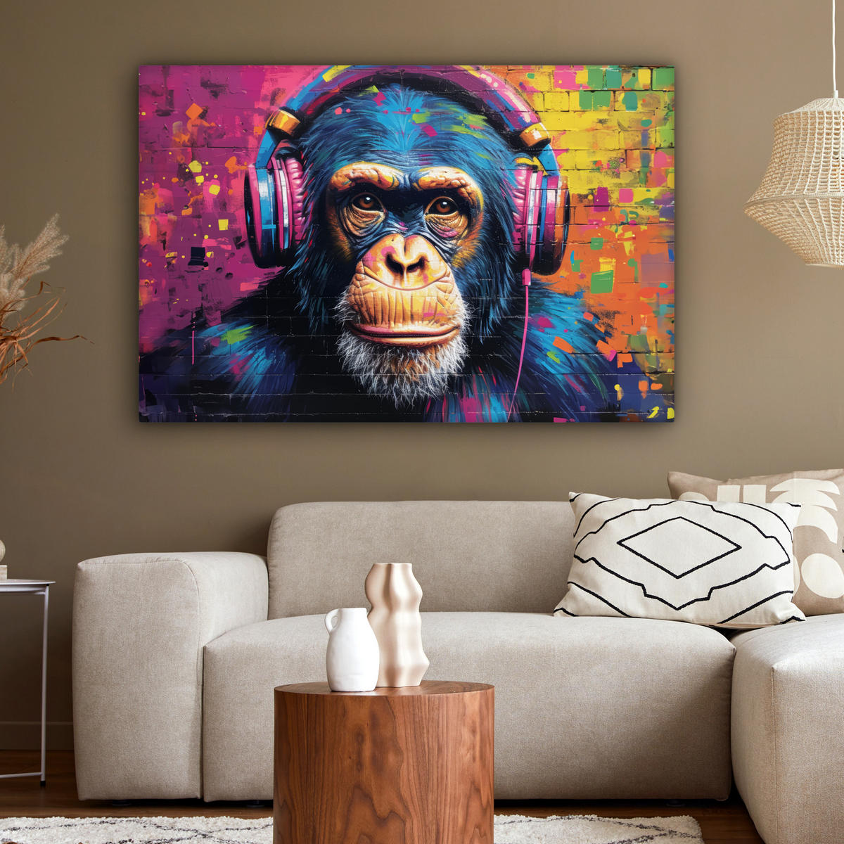 LEINWANDBILD Graffiti - Schimpanse - Straßenkunst - Kopfhörer - Affe XXL 150x100 cm - Blau, Textil (150/100cm) - MuchoWow