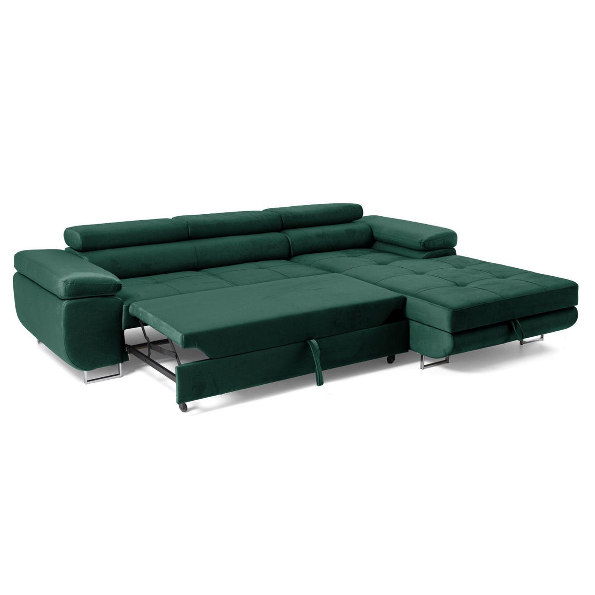 ECKSOFA ALONZO L Rechts mit Schlaffunktion 125x195 Velours Grün - Silberfarben/Grün, Holz/Textil (203/275cm) - Muffo