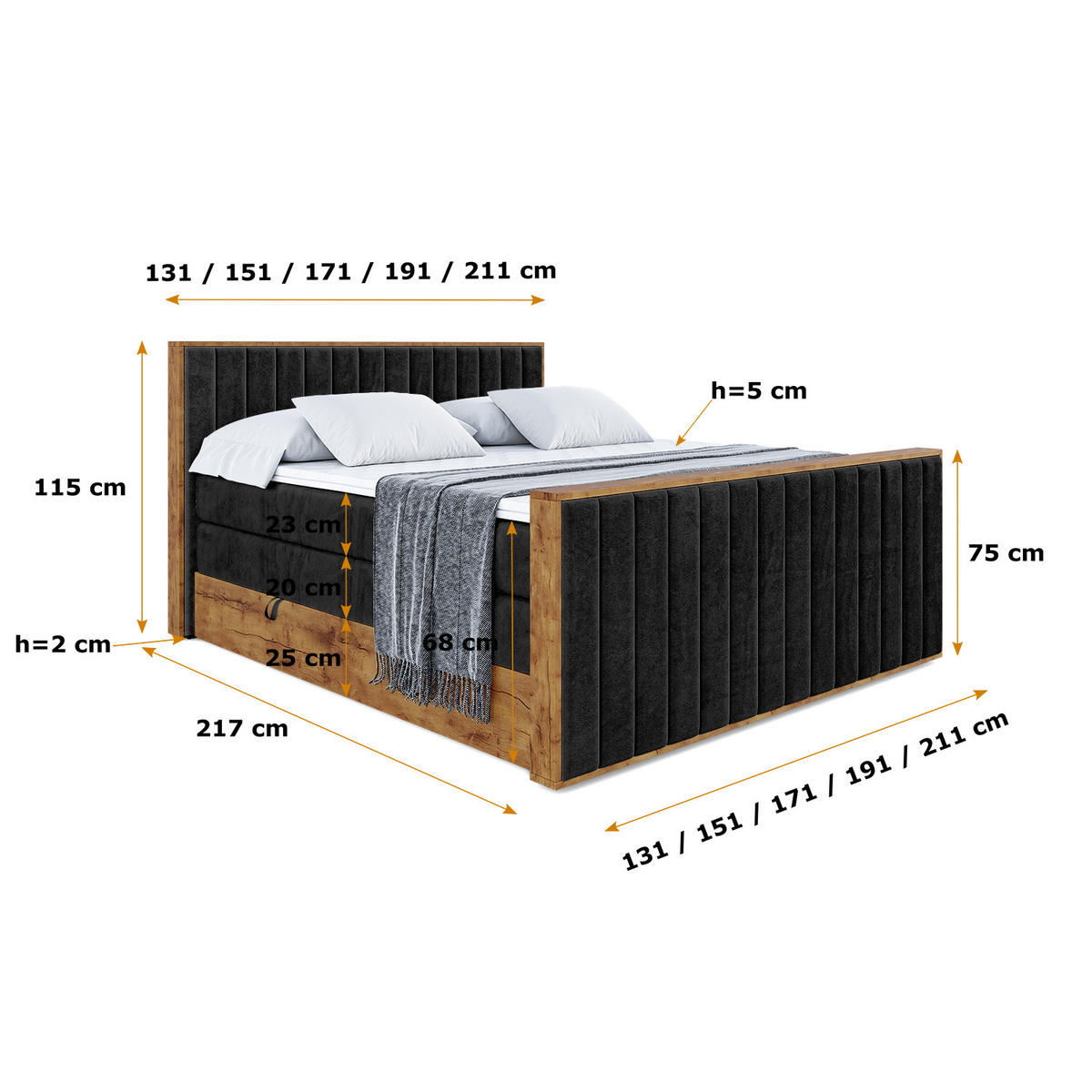 BOXSPRINGBETT mit Matratze H3|H4 und Lattenrost - LOLLI4-Z KING-160x200 - Schwarz Casablanca - Schwarz, Holzwerkstoff (160/200cm) - ALTDECOR