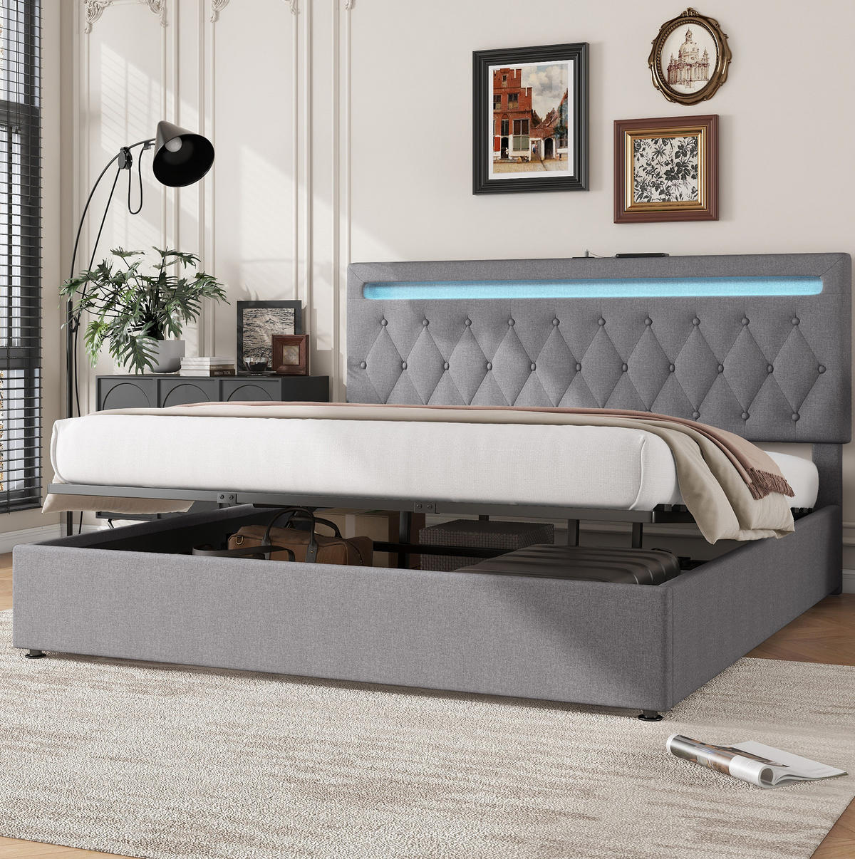 POLSTERBETT aus Leinen und MDF 180x200 cm Grau mit Bettkasten, LED-Beleuchtung und USB-Anschluss - Grau, Textil (180/200cm) - IVMEU
