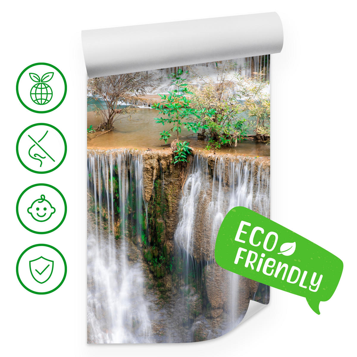 FOTOTAPETE für Wohnzimmer Wasserfall Panorama Pflanzen Natur 400x280 - Blau/Beige, Papier (400/280cm) - Muralo