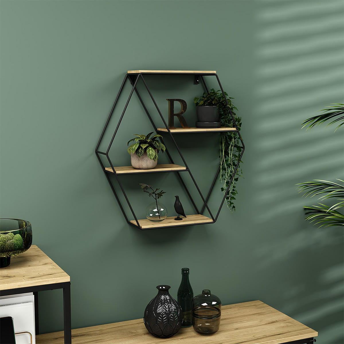 WANDREGAL Fyrk Eiche 51 x 52 cm Eckform - Eichefarben/Schwarz, Holzwerkstoff (51/52/11cm) - Vicco