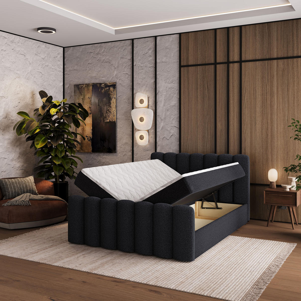 BOXBETT CELLA 160x200 cm mit Matratze und Topper - Schwarz - Schwarz, Holz (160/200cm) - MASSENO