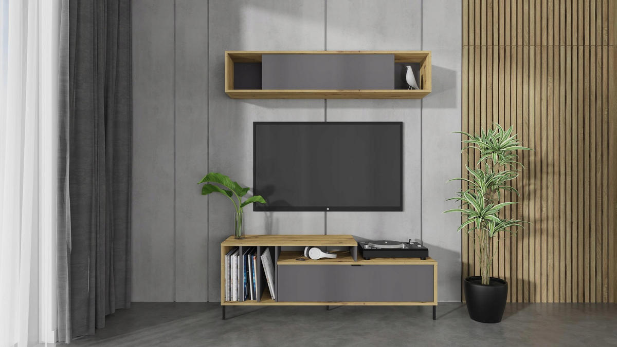 WOHNZIMMERMÖBEL VINYL 2-er Set Artisan Eiche-Anthrazit - Multicolor, Holzwerkstoff (140/50/42cm) - Matkam Möbel