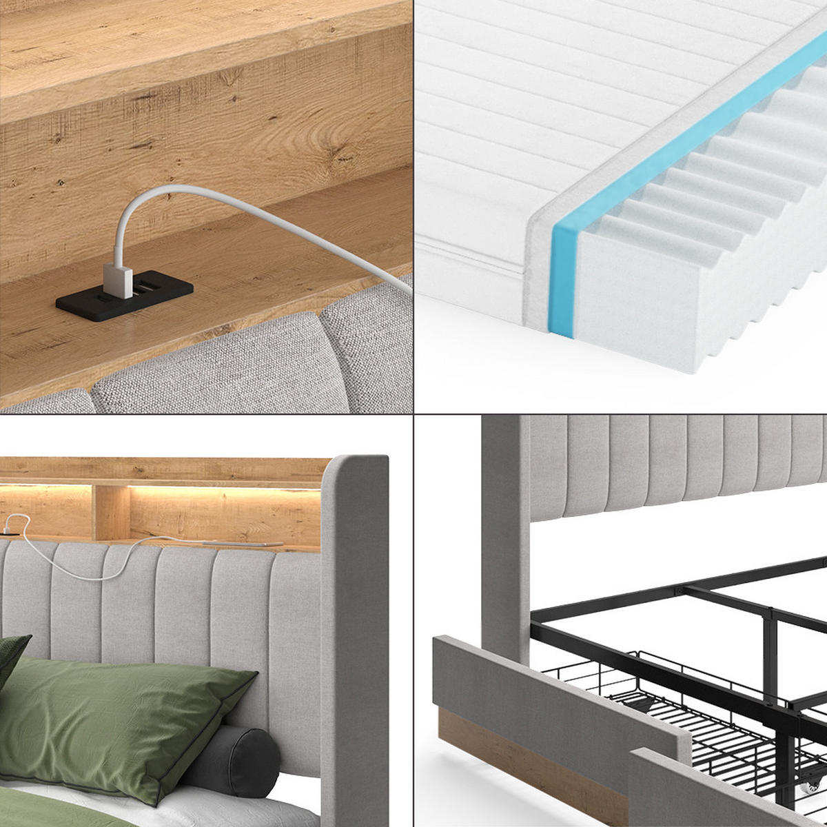 ČALOUNĚNÁ POSTEL Nura Šedá - šedá/barva dubu, kompozitní dřevo - VitaliSpa