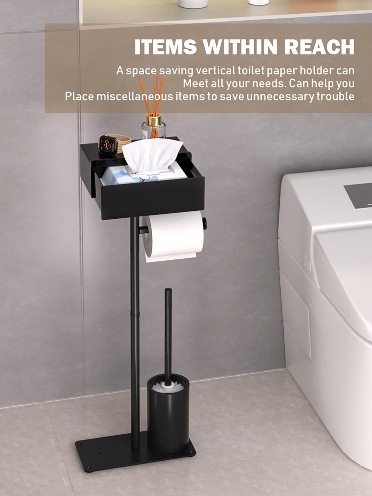 TOILETTENBÜRSTENHALTER – 2-in-1 (Schwarz) 24 x 12 x 69 cm - Schwarz, Metall (12/69/24cm)