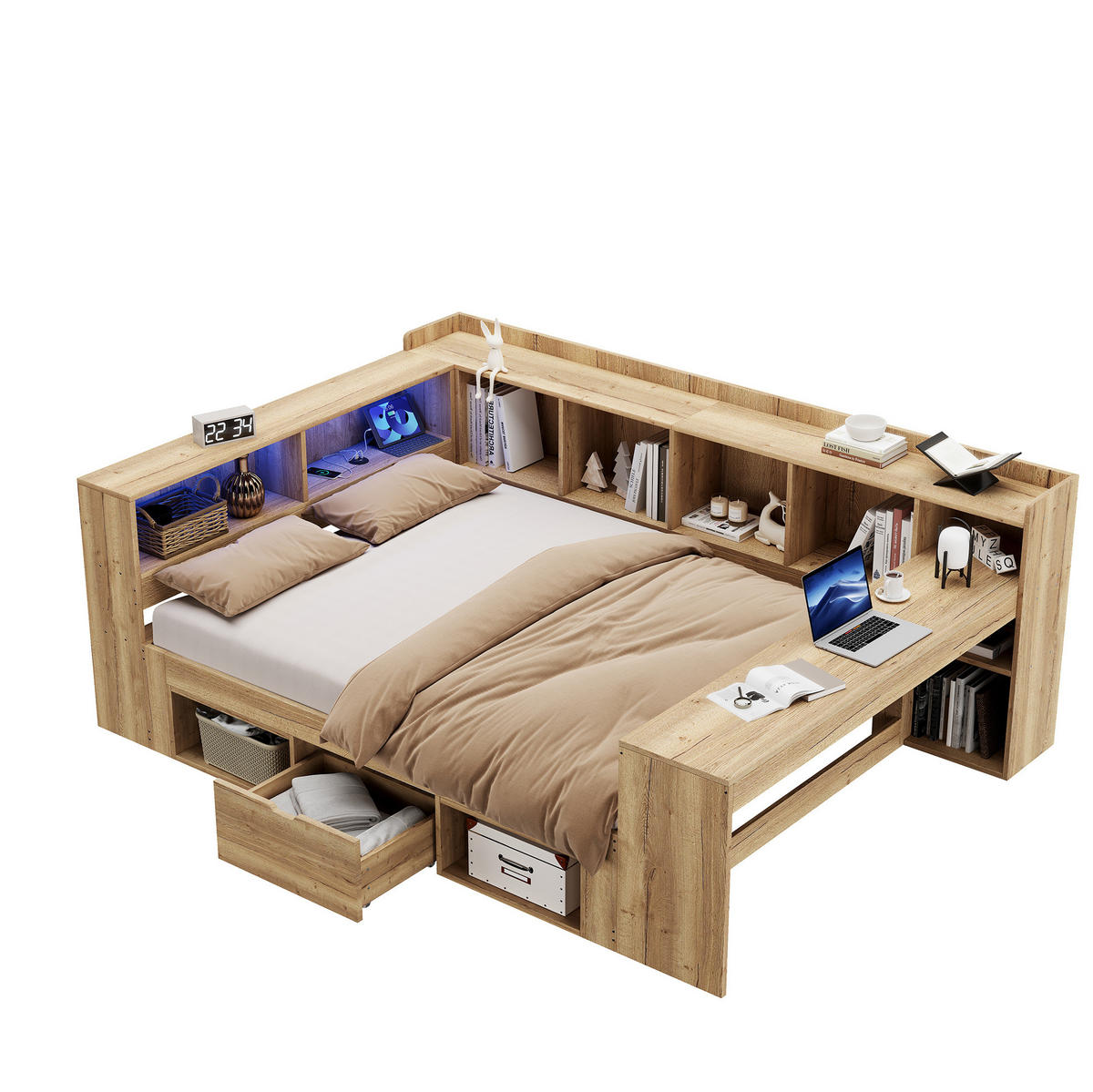 DETSKÁ posteľ 140/200 cm prírodná s LED osvetlením USB a písacím stolom z MDF - prírodná farba, kompozitné drevo (140/200cm) - OKWISH
