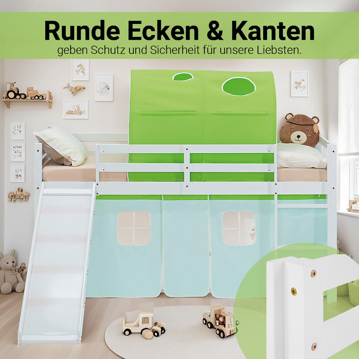 HOCHBETT 90/200 cm in Weiß Grün mit Rutsche Lattenrost - Weiß/Grün, Holz/Textil (90/200cm) - Homestyle4u